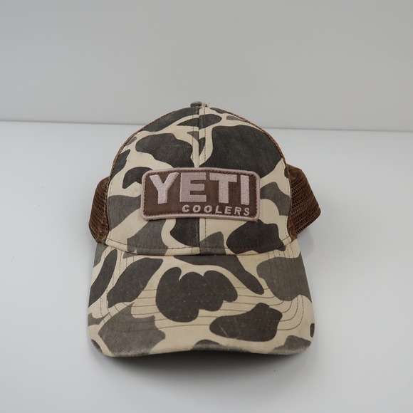 YETI Coolers Hat Cap Snap Back Camouflage Brown Mesh Trucker Patch Mens Outdoor - Picture 1 of 8